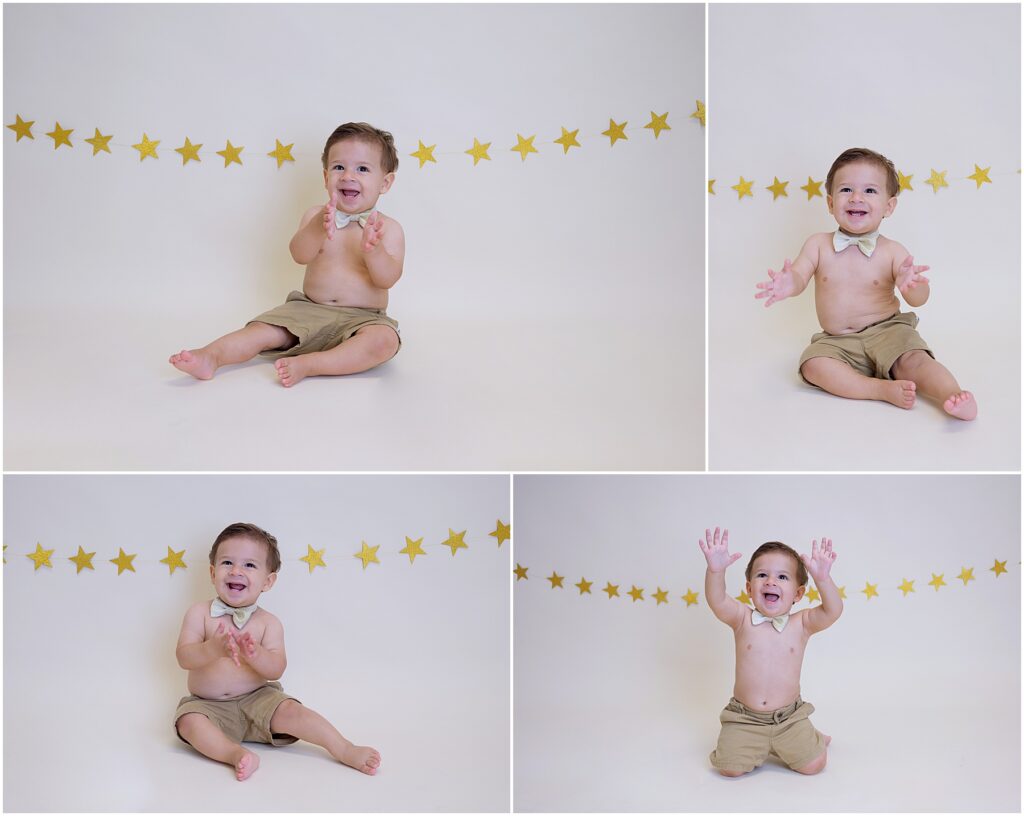 one year old boy in front of star bunting banner