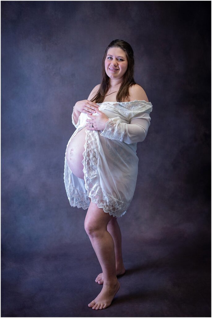 white lace robe maternity session