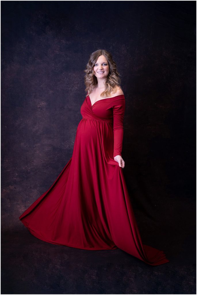 cross front red maternity gown