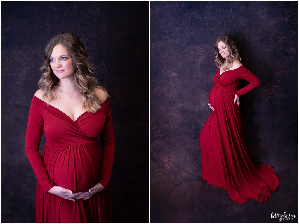 red long sleeved maternity gown