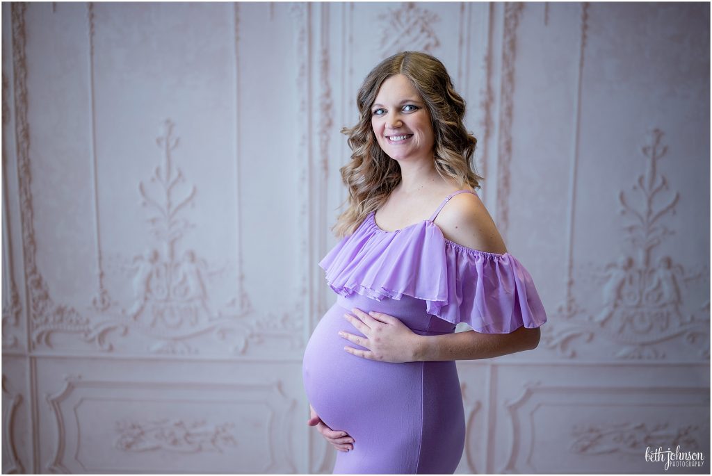 lavender maternity gown standing up pose