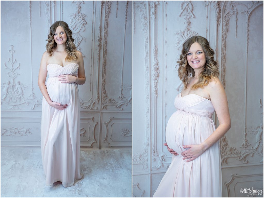 pink shimmer strapless maternity dress