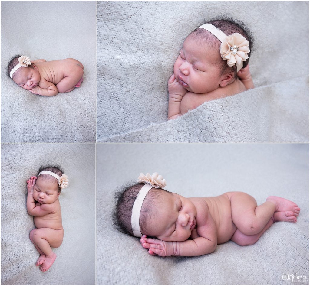 collage of newborn poses on beige backdrop