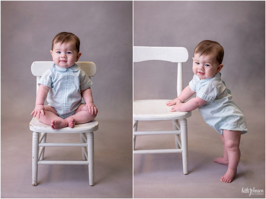 baby boy in vintage romper with white chair