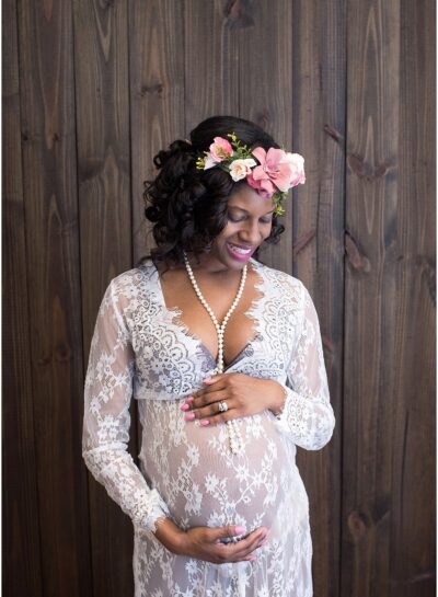 maternity white lace dress wood backdrop flower crown