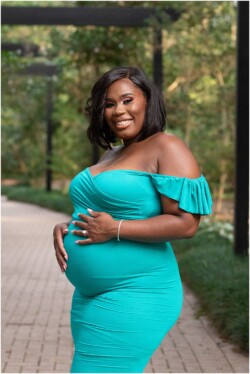maternity photo in teal off shoulder gown