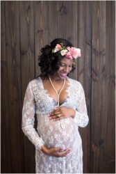 maternity white lace dress wood backdrop flower crown