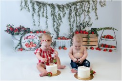 twin cake smash strawberry setup